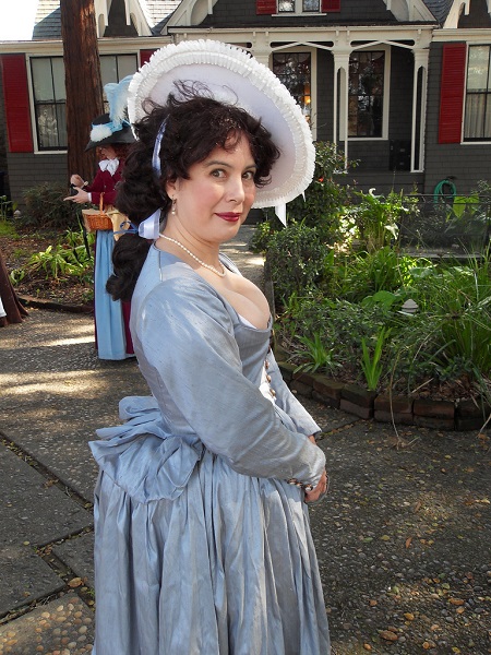 Reproduction 1792 blue silk gown. GBACG Duchess of Devonshire tea. February 2010. Photo by Cate Jinneman