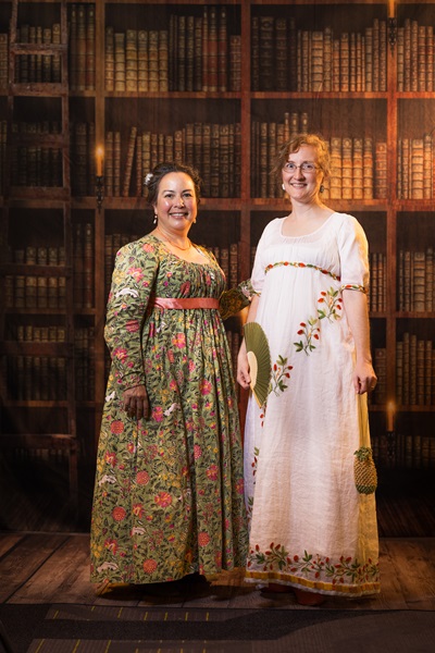 Reproduction 1790s Green Print Round Gown at Pelican Inn January 2023. Photo by Mark Edwards Photography. 