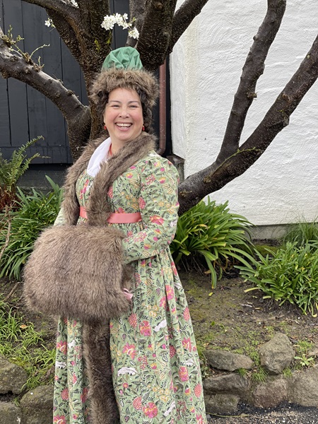 Reproduction 1790s Green Print Round Gown at Pelican Inn January 2023 