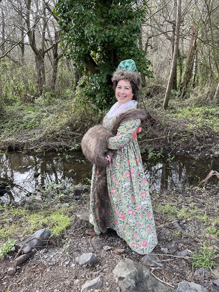 Reproduction 1790s Green Print Dress at Pelican Inn January 2023