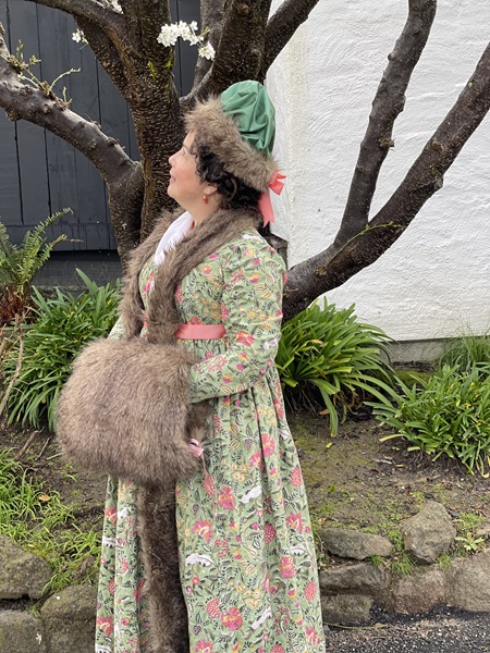 Reproduction 1790s Green Print Round Gown at Pelican Inn January 2023. 