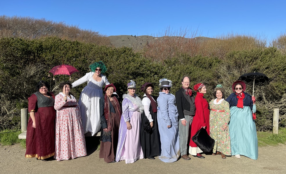 Reproduction 1790s Green Print Round Gown at Pelican Inn January 2023.   