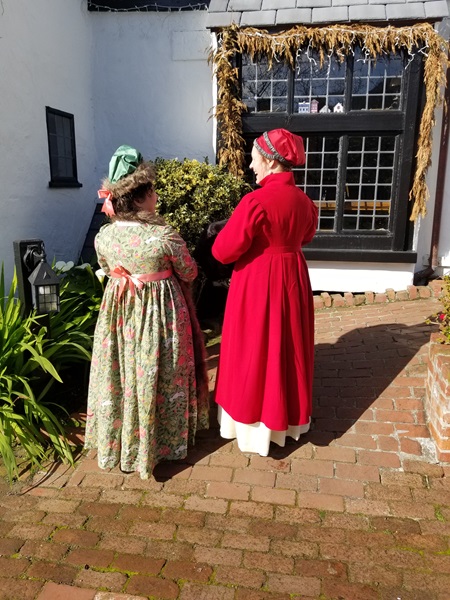 Reproduction 1790s Green Print Round Gown at Pelican Inn January 2023. 