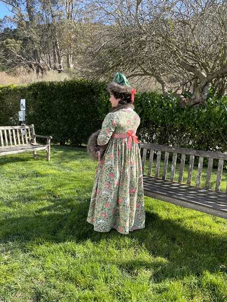 Reproduction 1790s Green Print Round Gown at Pelican Inn January 2023 