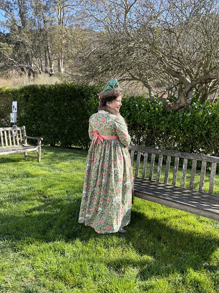 Reproduction 1790s Green Print Round Gown at Pelican Inn January 2023. 