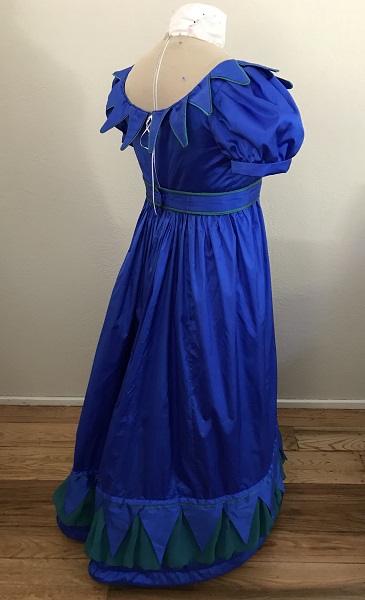 Reproduction 1820s Blue Dress with Van Dyke Points Back Right Quarter View.