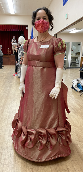 Reproduction 1820s Orange Figured Ballgown at Not Playford Ball 2021. Laughing Moon 138.