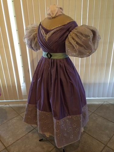 1830s reproduction lavender purple silk romantic era dress quarter view