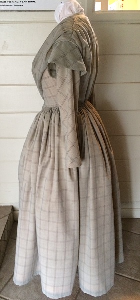 1840s Reproduction Fan Front Beige Plaid Daydress Left