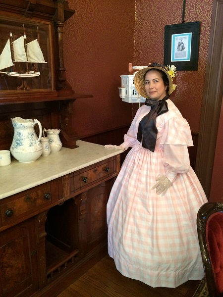 1850s Reproduction Sheer Pink Day Dress at the GBACG BBQ at Rengstorff April 2015. Photo by Christopher Erickson