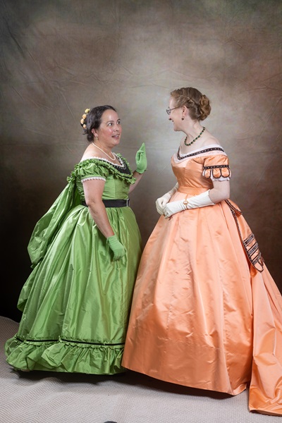 Reproduction 1860s Apple Green Ballgown at Costume College July 2022. Truly Victorian TV416. Photo by Mark Edwards Photography. 