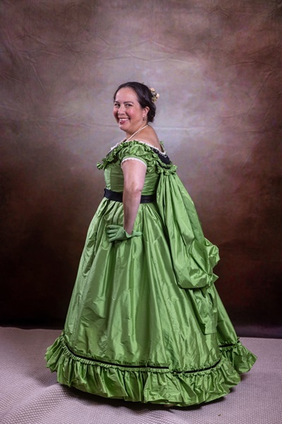 Reproduction 1860s Apple Green Ballgown at Costume College July 2022. Truly Victorian TV416. Photo by Mark Edwards Photography. 