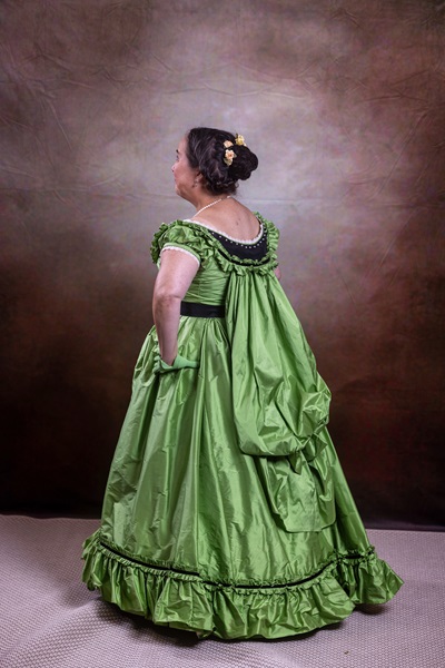 Reproduction 1860s Apple Green Ballgown at Costume College July 2022. Truly Victorian TV416. Photo by Mark Edwards Photography. 
