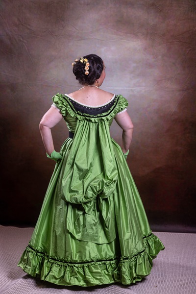 Reproduction 1860s Apple Green Ballgown at Costume College July 2022. Truly Victorian TV416. Photo by Mark Edwards Photography. 