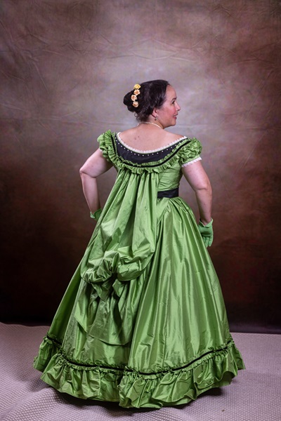 Reproduction 1860s Apple Green Ballgown at Costume College July 2022. Truly Victorian TV416. Photo by Mark Edwards Photography. 