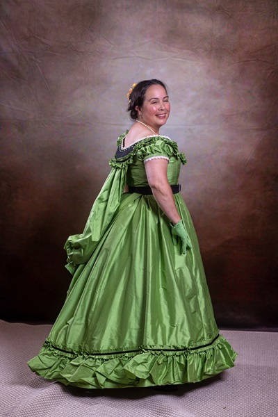 Reproduction 1860s Apple Green Ballgown at Costume College July 2022. Truly Victorian TV416. Photo by Mark Edwards Photography. 