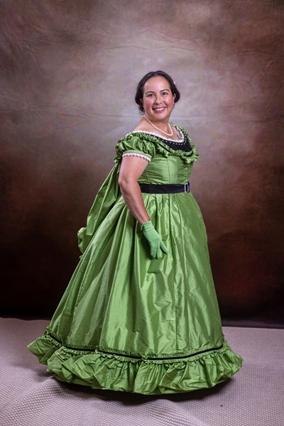 Reproduction 1860s Apple Green Ballgown at Costume College July 2022. Truly Victorian TV416. Photo by Mark Edwards Photography. 