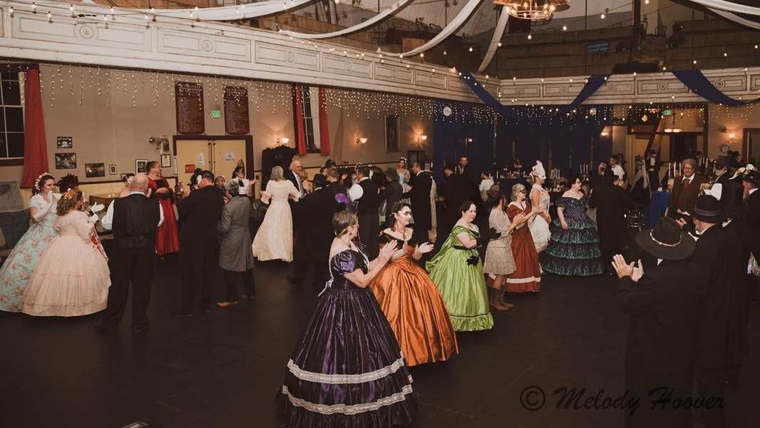 Reproduction 1860s Apple Green Ballgown at Nevada Statehood Ball October 2023. Truly Victorian TV416. Photo by Melody Hoover. 