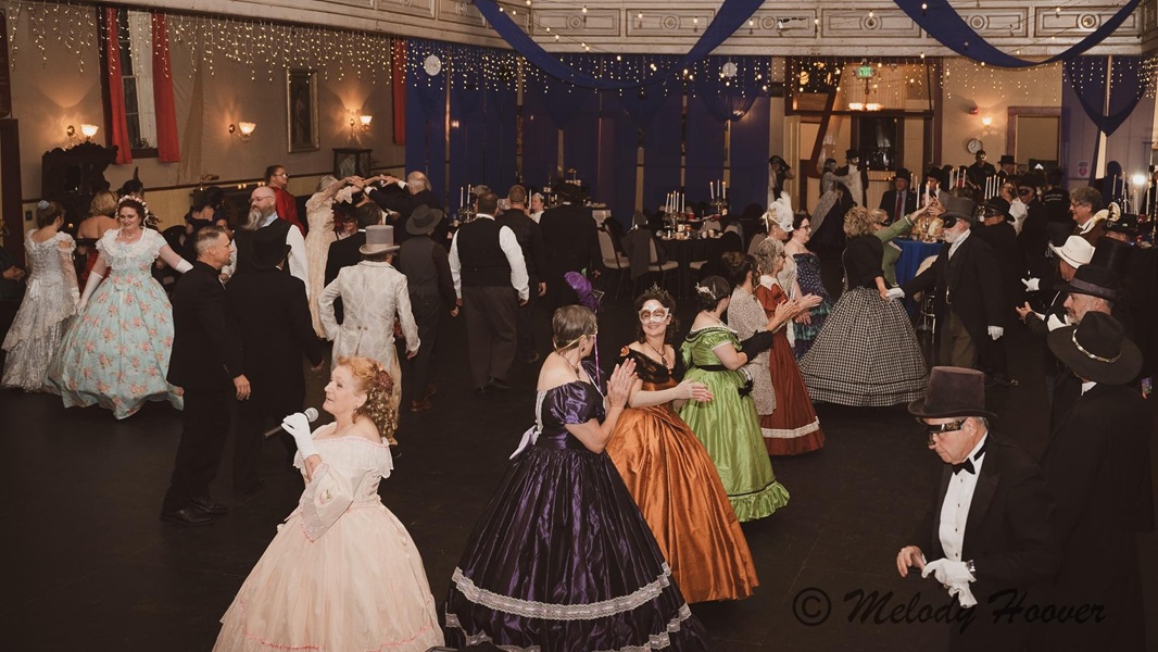 Reproduction 1860s Apple Green Ballgown at Nevada Statehood Ball October 2023. Truly Victorian TV416. Photo by Melody Hoover. 