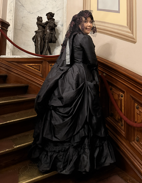 1870s Reproduction Black Watteau Bustle Dress at Crocker Artmix October 2026.  