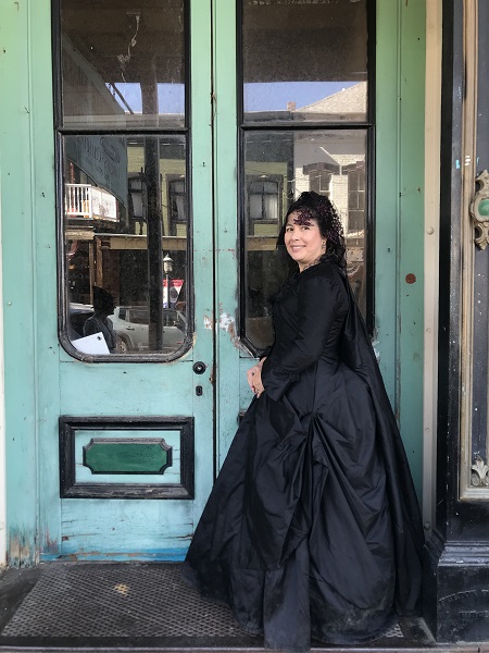 1870s Reproduction Black Watteau Bustle Dress in Virginia City October 2019