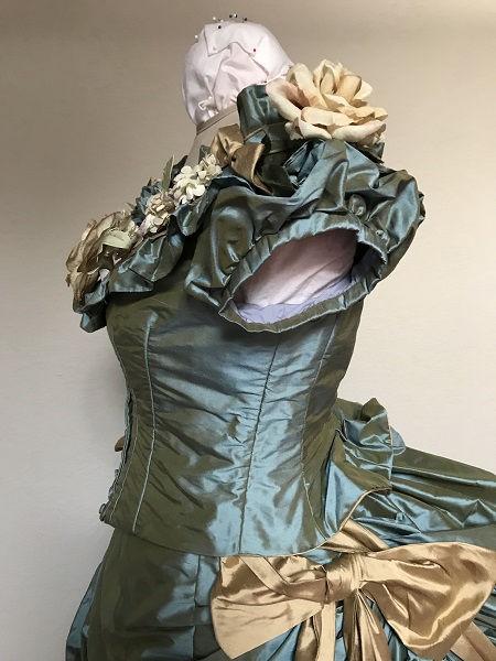 1870s Reproduction Blue Aqua Silk Bodice Left. 