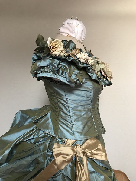 1870s Reproduction Blue Aqua Silk Bodice Right.