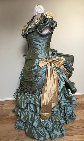 1870s Reproduction Blue Aqua Bustle Dress Left. 