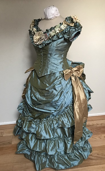 1870s Reproduction Blue Aqua Bustle Dress Quarter View.