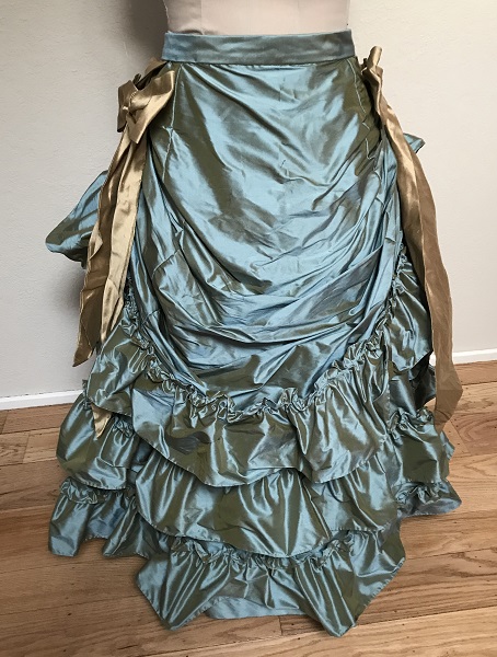 1870s Reproduction Blue Aqua Silk Overskirt Front. 