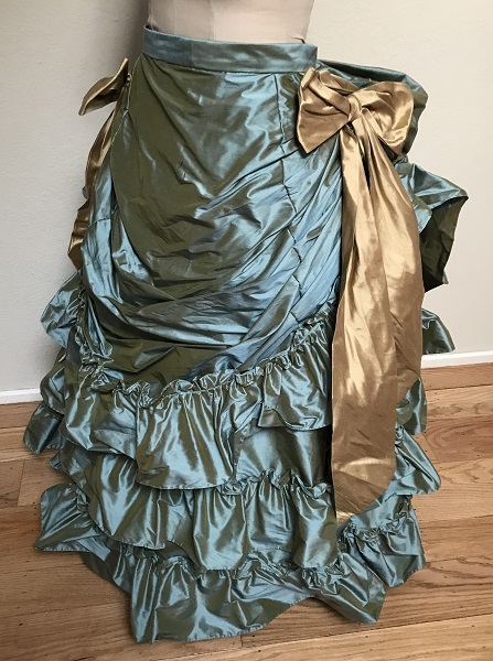 1870s Reproduction Blue Aqua Silk Overskirt Left Quarter View.