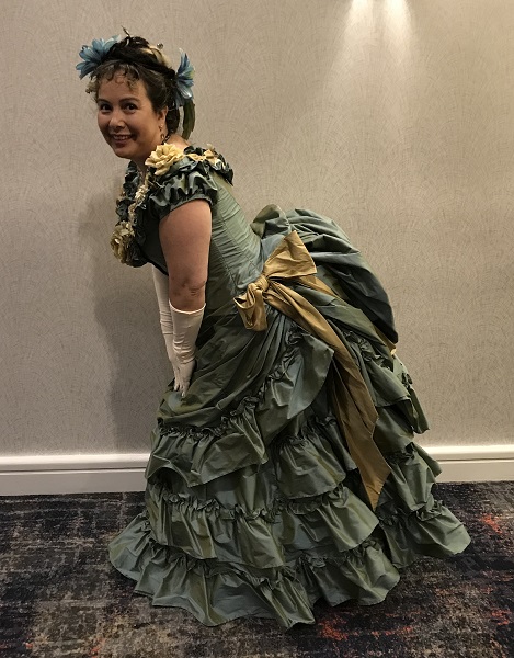 1870s Reproduction Blue Aqua Bustle Dresses at Costume College 2018 Gala.. 