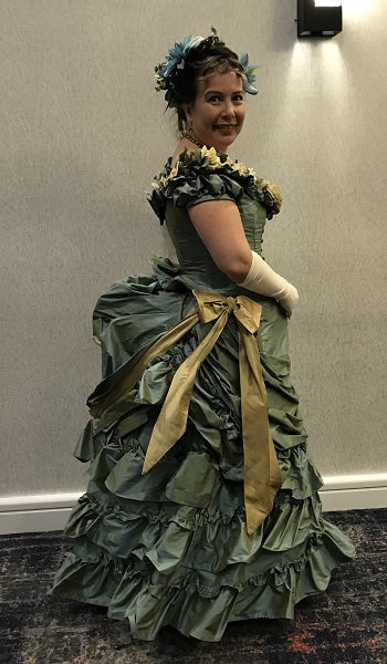 1870s Reproduction Blue Aqua Bustle Dresses at Costume College 2018 Gala.