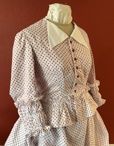 1870s Red Polka Dotted Dress Bodice Right Quarter View. Vogue V1537 