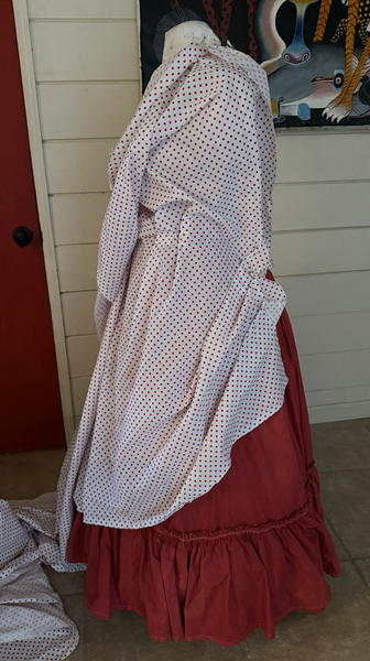 1870s Red Polka Dotted Overskirt in progress draping.