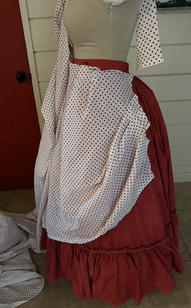 1870s Red Polka Dotted Overskirt in progress draping.