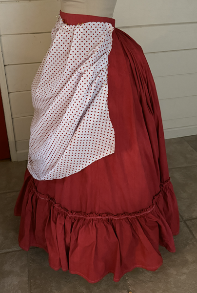 1870s Red Polka Dotted Overskirt in progress draping.