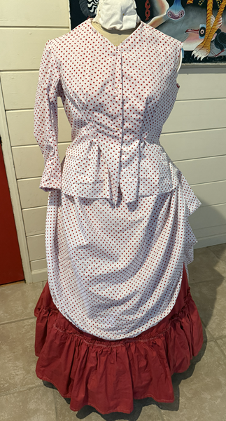 1870s Red Polka Dotted Overskirt and Bodice in progress draping.