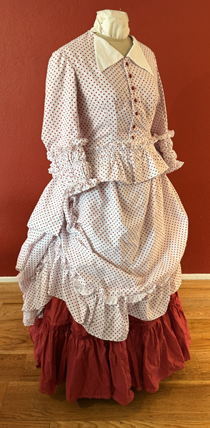 1870s Red Polka Dot Bustle Dress Right Quarter View.