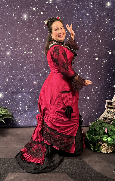 Reproduction 1878 Polonaise Natural Form Bustle Front - Black and Berry Evening Dress. Truly Victorian TV430.