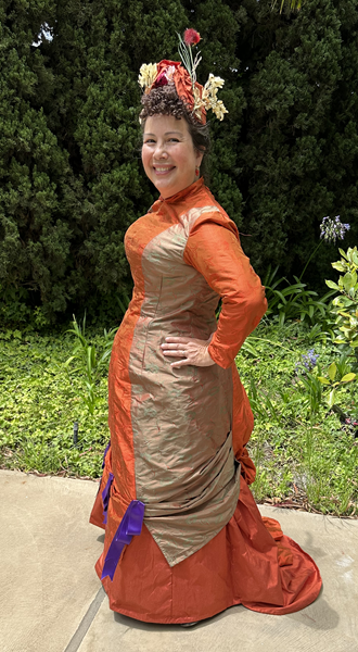 Reproduction 1878 Polonaise Natural Form Bustle - Rust Silk Day Dress. Truly Victorian TV430 and TV221  