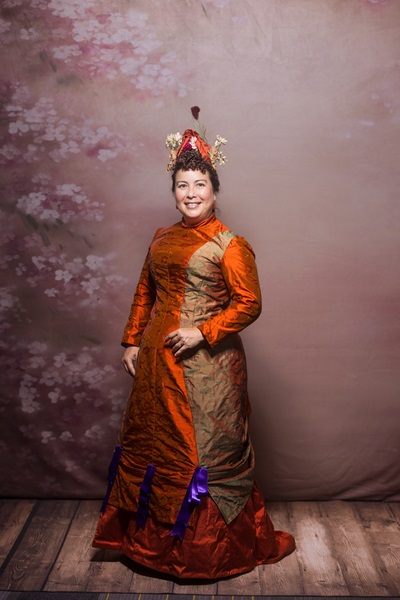 Reproduction 1878 Polonaise Natural Form Bustle - Rust Silk Day Dress. Truly Victorian TV430 and TV221. Photo by Mark Edwards.