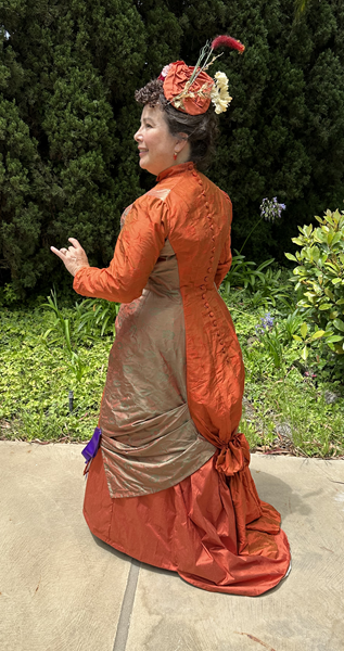 Reproduction 1878 Polonaise Natural Form Bustle - Rust Silk Day Dress. Truly Victorian TV430 and TV221  