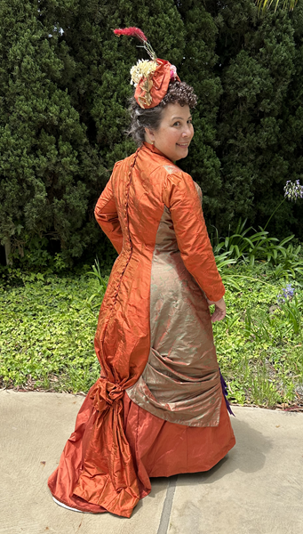 Reproduction 1878 Polonaise Natural Form Bustle - Rust Silk Day Dress. Truly Victorian TV430 and TV221