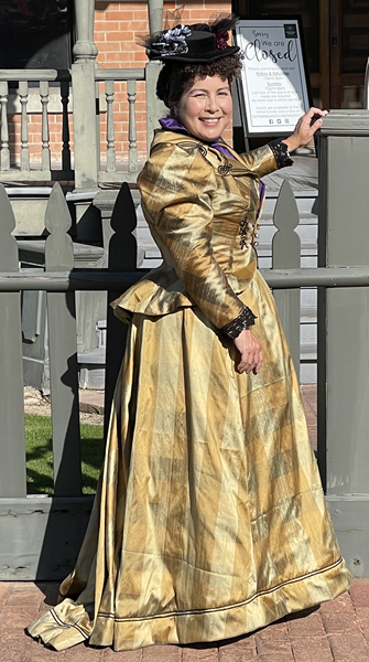Reproduction 1890s Goldiplaid Dress at Rossum House in Phoenix March 2022. McCall's M7732 and M8231. 