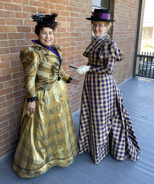 Reproduction 1890s Goldiplaid Dress at Rossum House in Phoenix March 2022. McCall's M7732 and M8231.