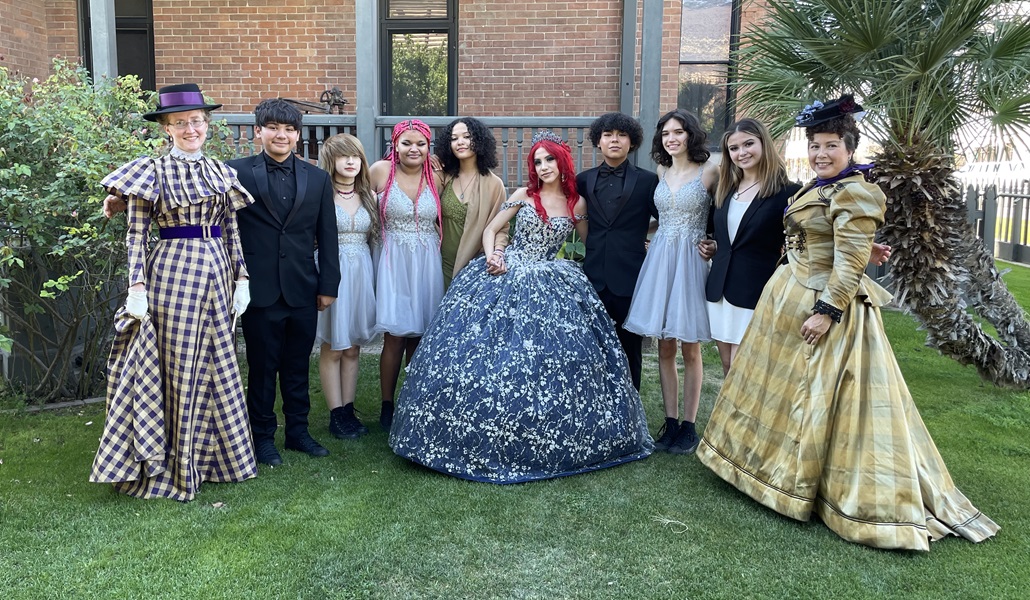 Reproduction 1890s Goldiplaid Dress at Rossum House in Phoenix March 2022. McCall's M7732.