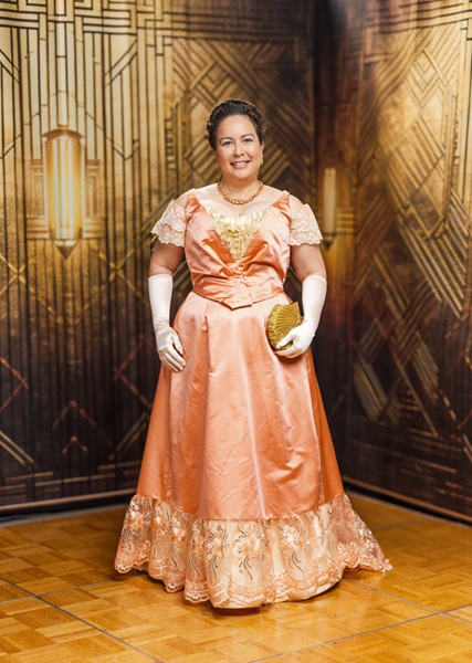 Reproduction 1890s Peach Ballgown at  Costume College 2025. Costume College 2025. Photo by Mark Edwards Photographer