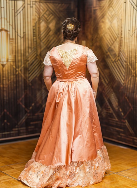 Reproduction 1890s Peach Ballgown at Costume College 2025. Photo by Mark Edwards Photographer