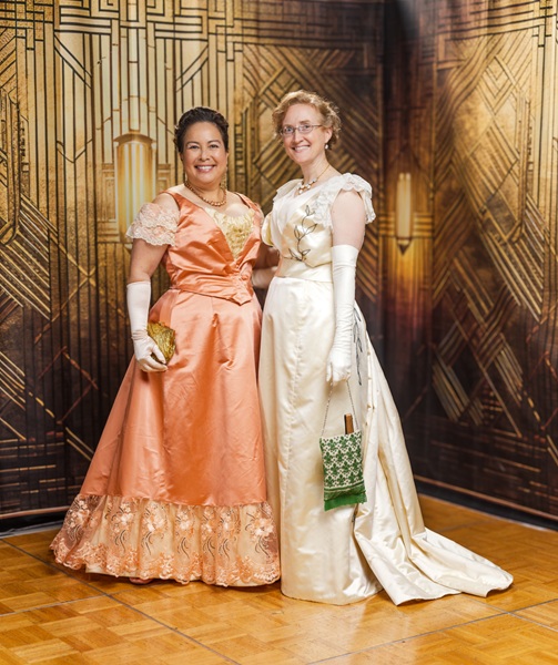 Reproduction 1890s Peach Ballgown at  Costume College 2025. Photo by Mark Edwards Photographer